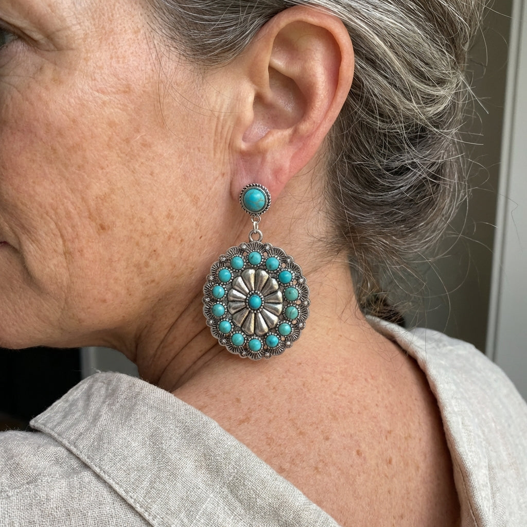 Pendientes vintage con medallón de turquesa y perla
