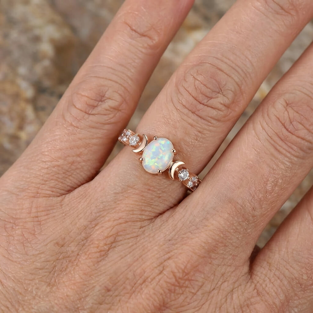 Elegant Rainbow White Fire Opal Small Moon Gold Plated Rings