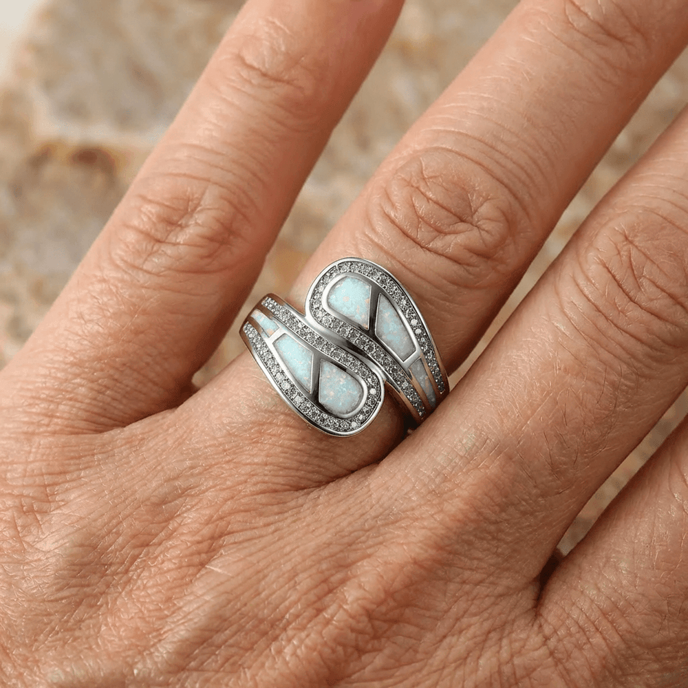 Vintage Bohemian White Opal Stone Silver Plated Ring