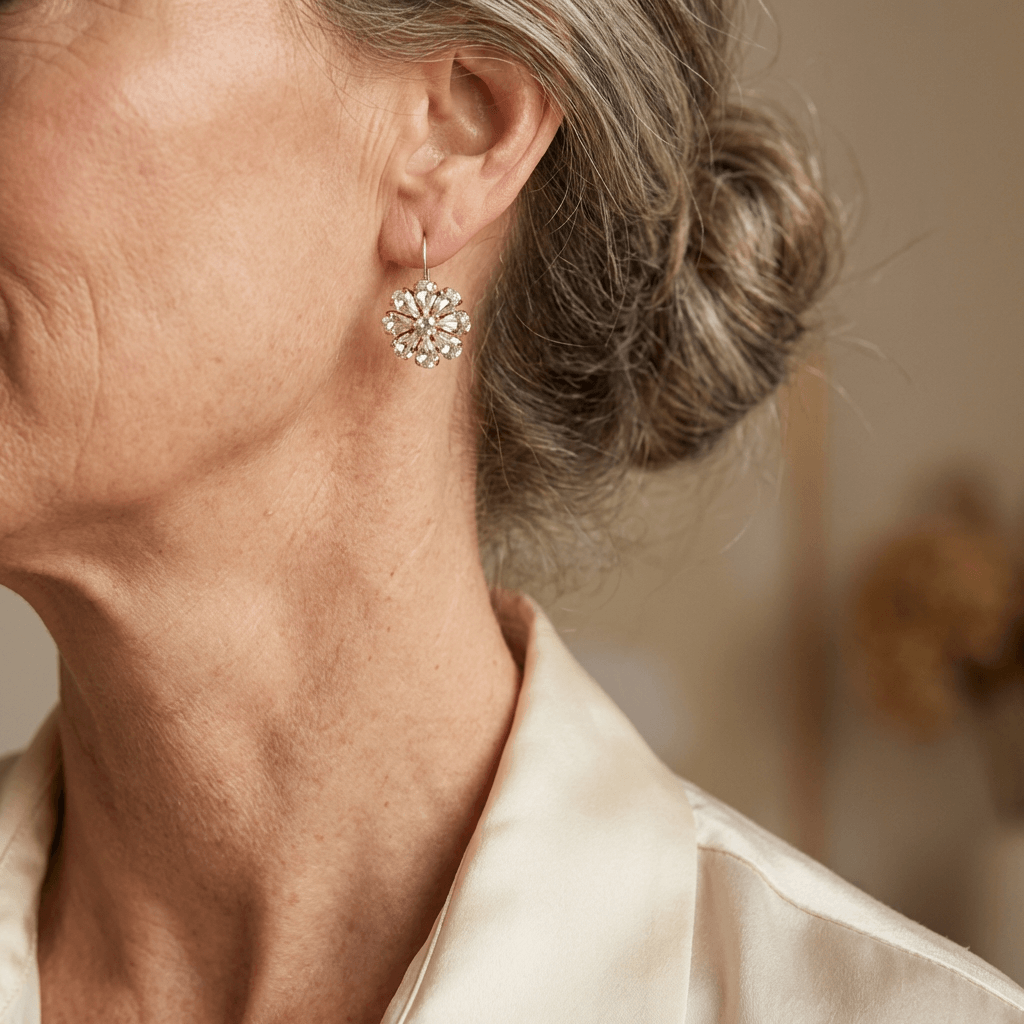 Boucles d’oreilles vintage en forme de fleur aux pétales ornés de cristaux étincelants