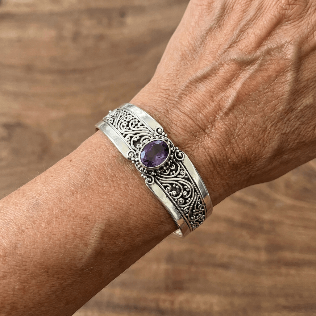 Vintage Inlaid Crystal Silver Open Bracelet