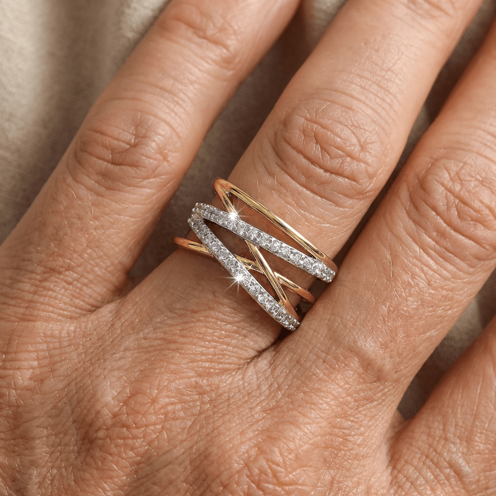 Elegant Gold and Silver Zirconia Inlaid Stacked Ring