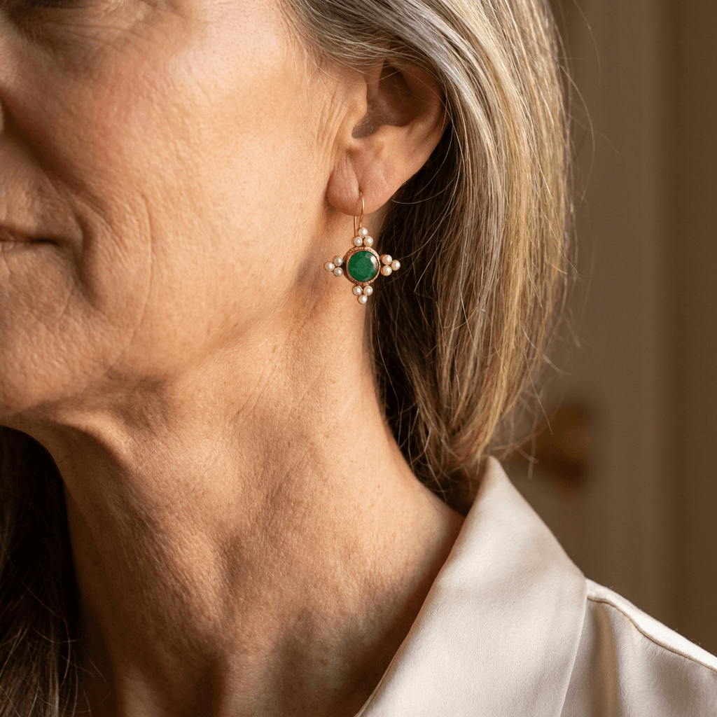 Pendientes vintage de cristal verde y perlas