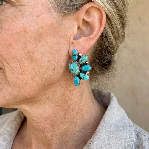 Boucles d’oreilles vintage à fleurs de style bohème et turquoise