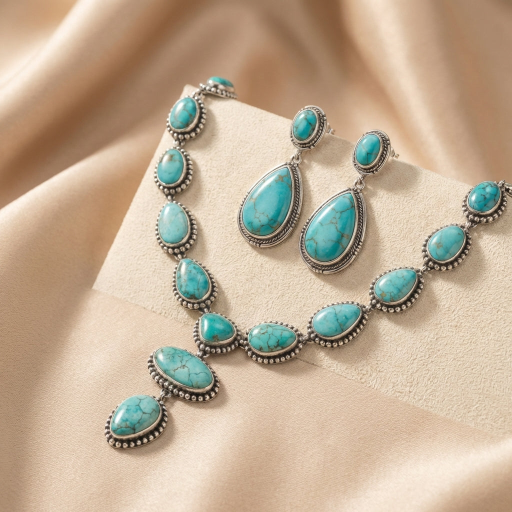 Collar y pendientes vintage elegantes con turquesa llamativa