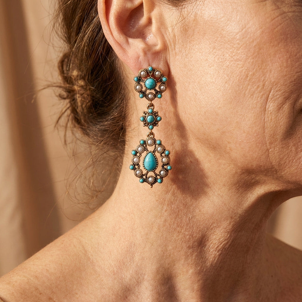 Pendientes chapados en oro con flores, turquesa y perlas