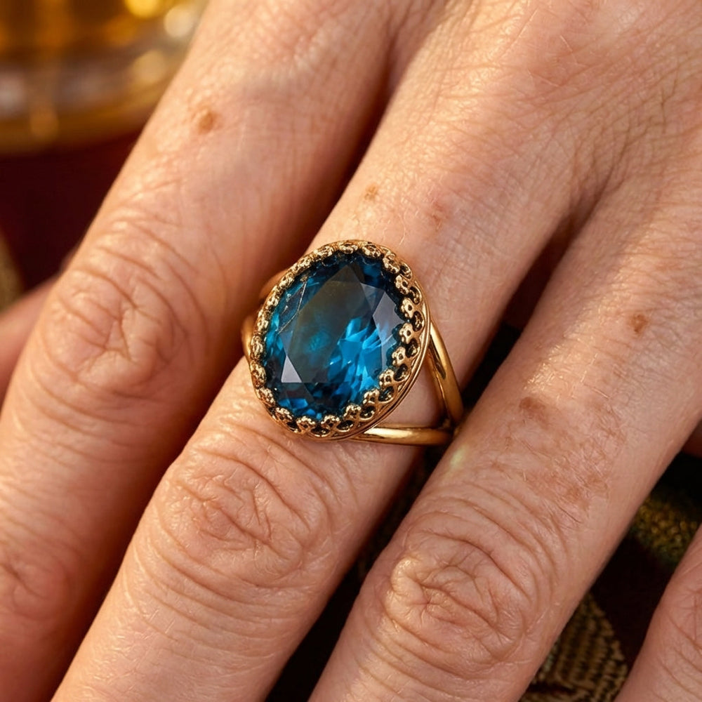 Elegant Gold Plated Oval Blue Stone Ring
