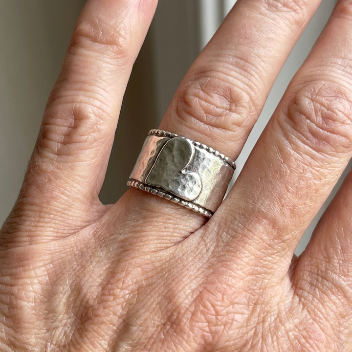 Vintage Handcrafted Silver Plated Wide Band Heart Spinner Ring