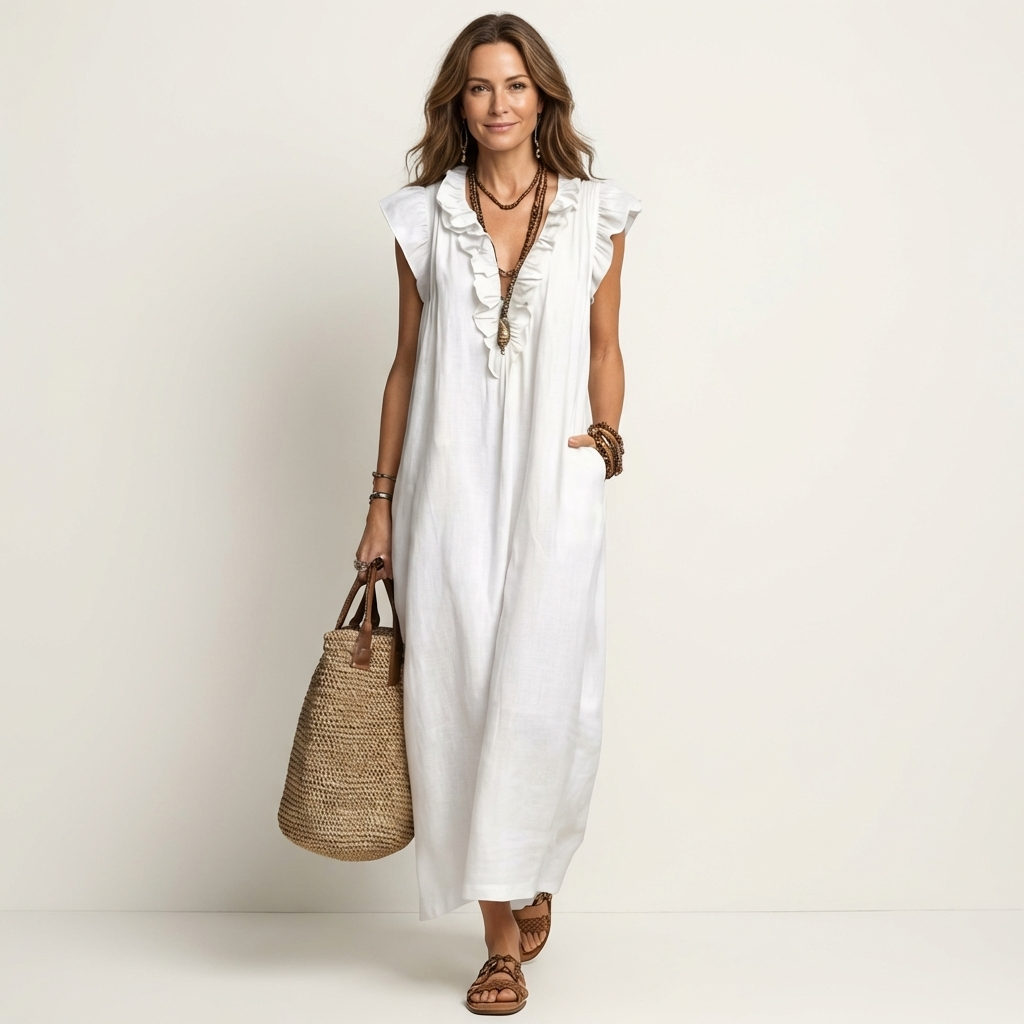 Josette | Vestido longo de linho com decote V e babados