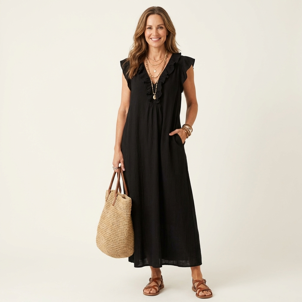 Josette | Vestido longo de linho com decote V e babados