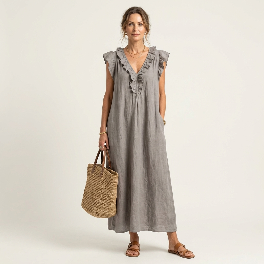 Josette | Vestido longo de linho com decote V e babados