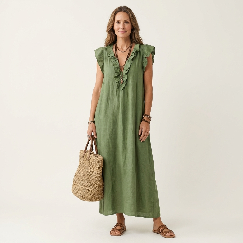 Josette | Vestido longo de linho com decote V e babados