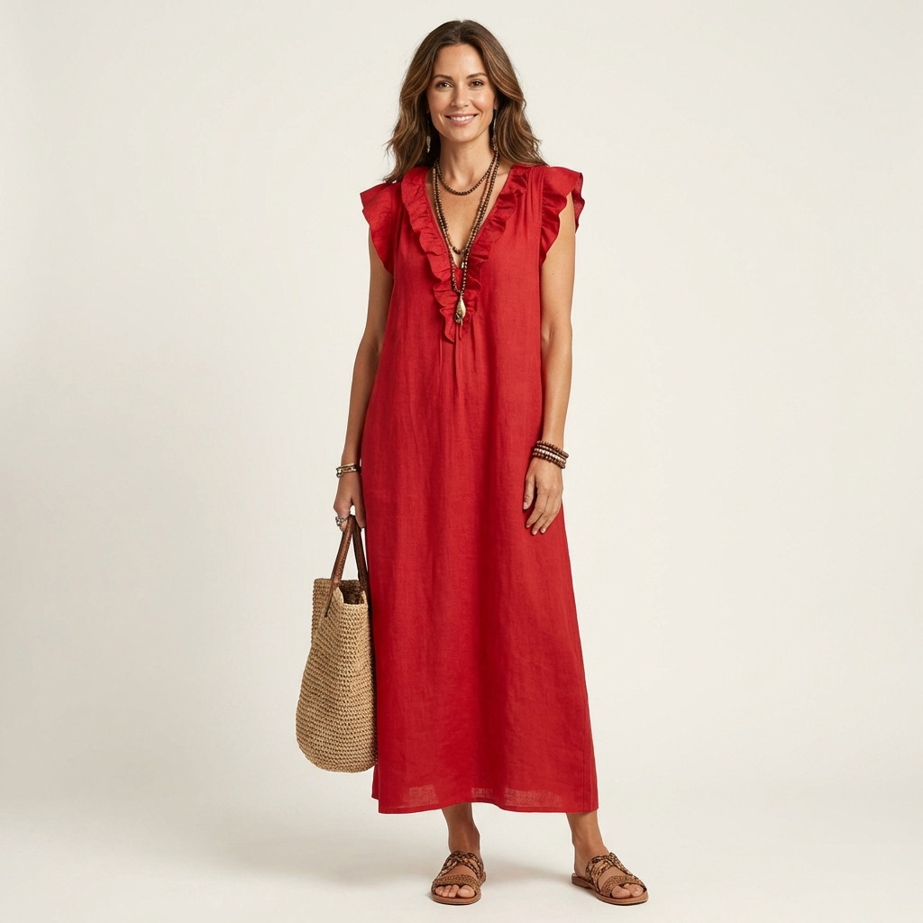 Josette | Vestido longo de linho com decote V e babados