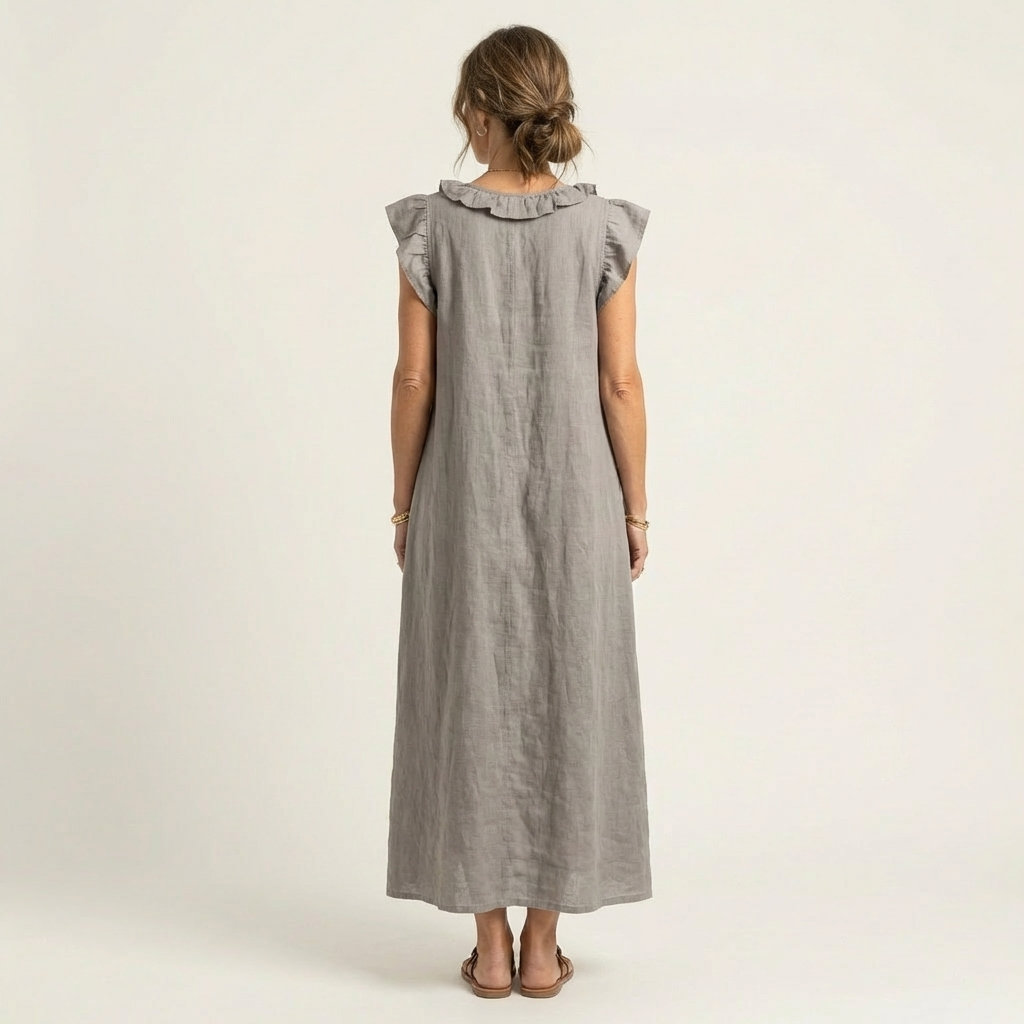 Josette | Vestido longo de linho com decote V e babados