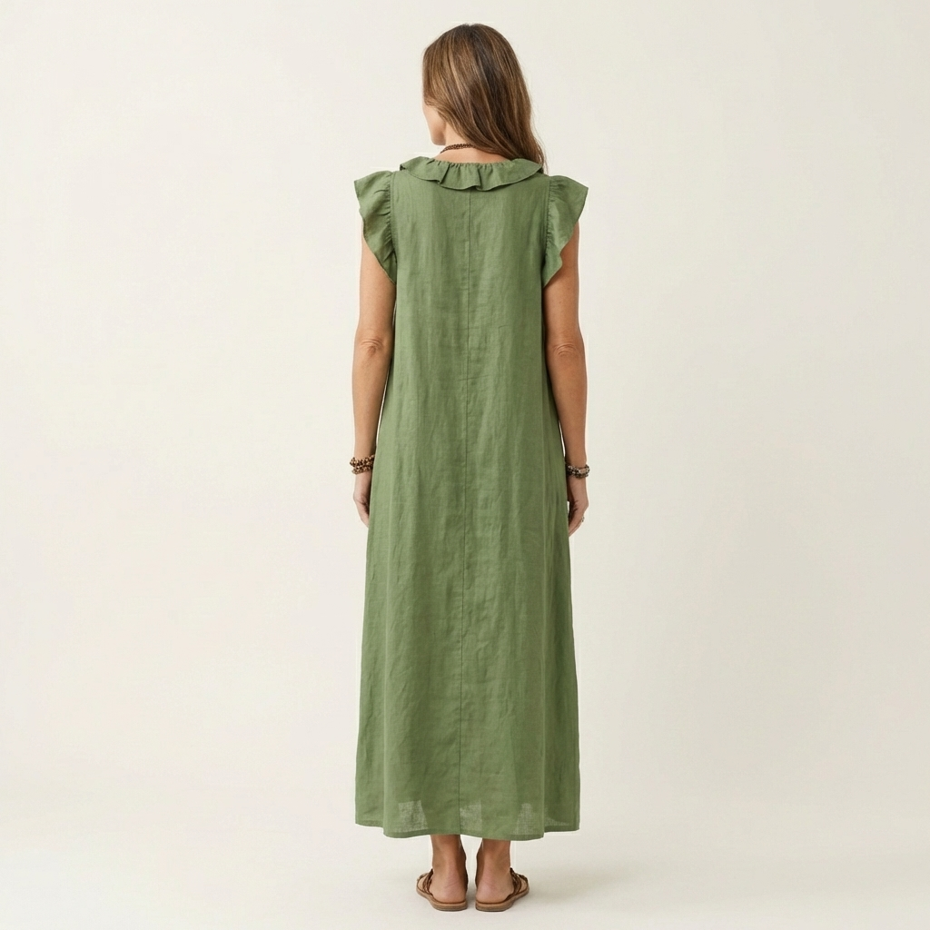 Josette | Vestido largo de lino con volantes y escote en V