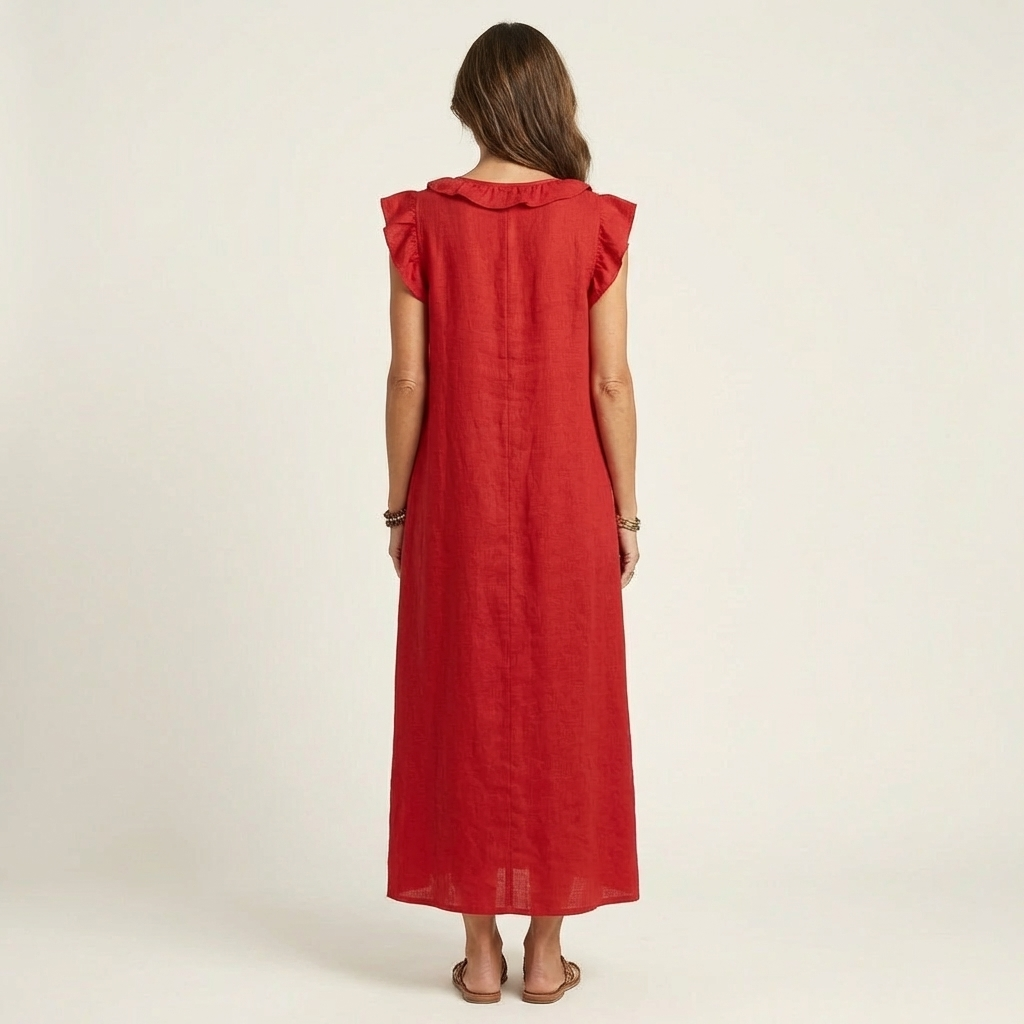 Josette | Vestido largo de lino con volantes y escote en V