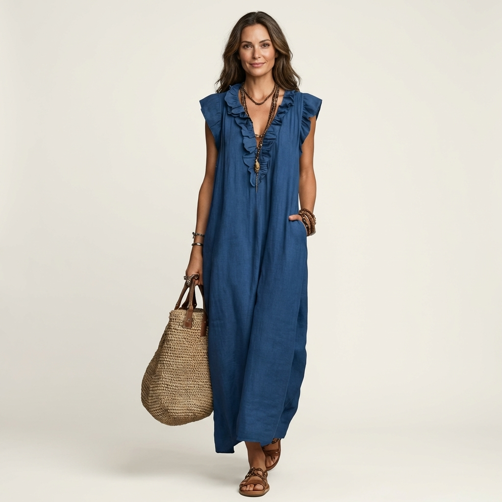 Josette | Vestido longo de linho com decote V e babados