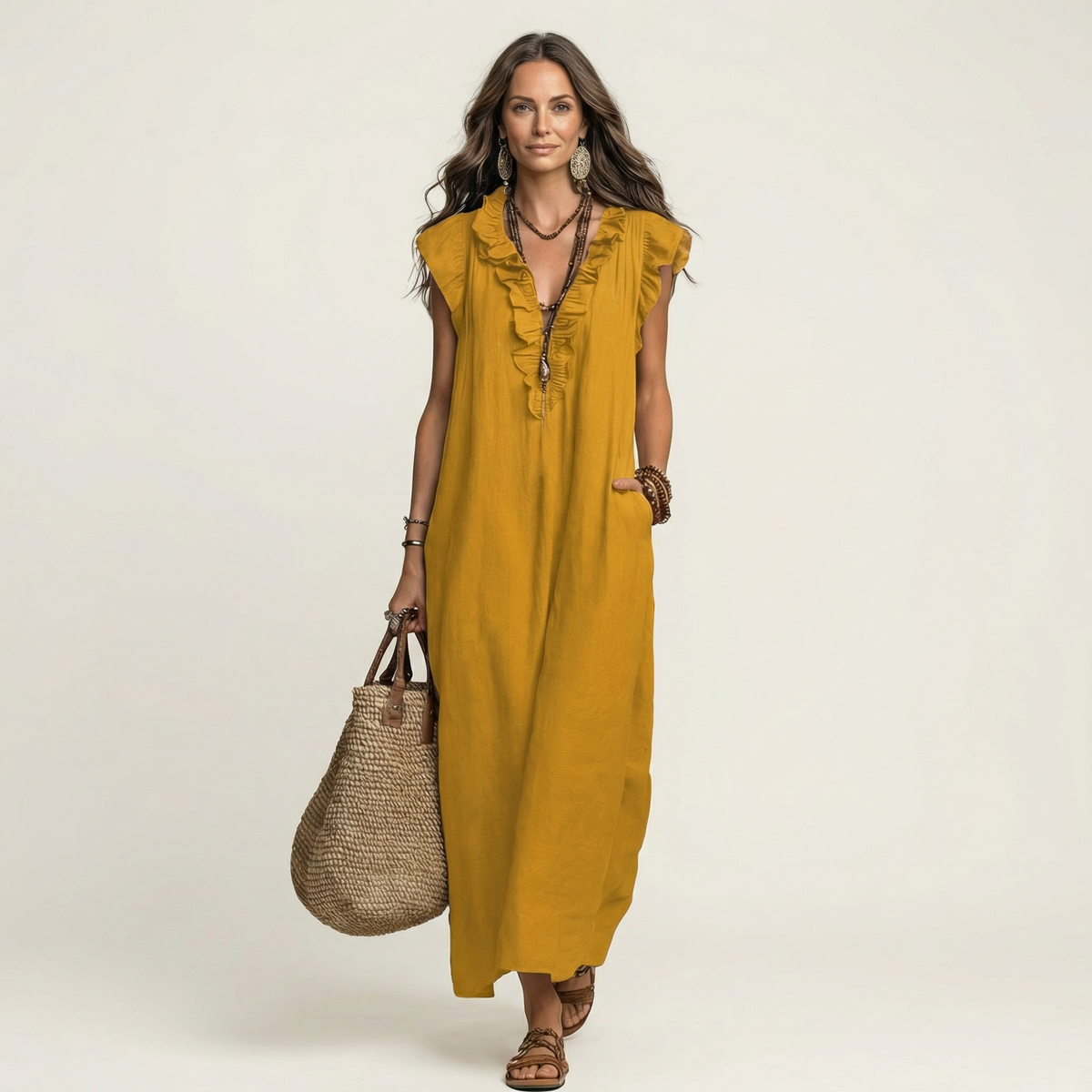 Josette | Vestido longo de linho com decote V e babados