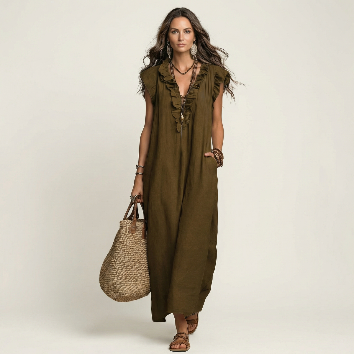 Josette | Vestido longo de linho com decote V e babados