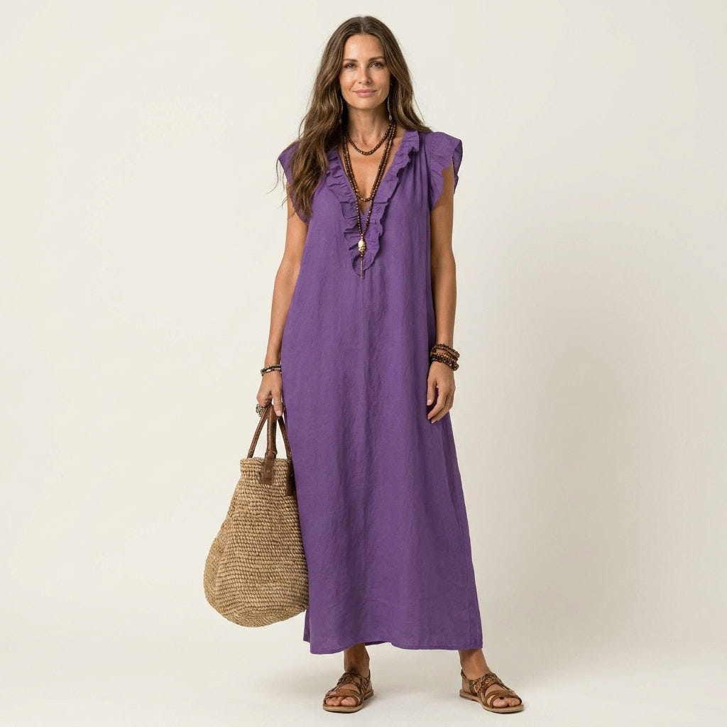 Josette | Vestido longo de linho com decote V e babados