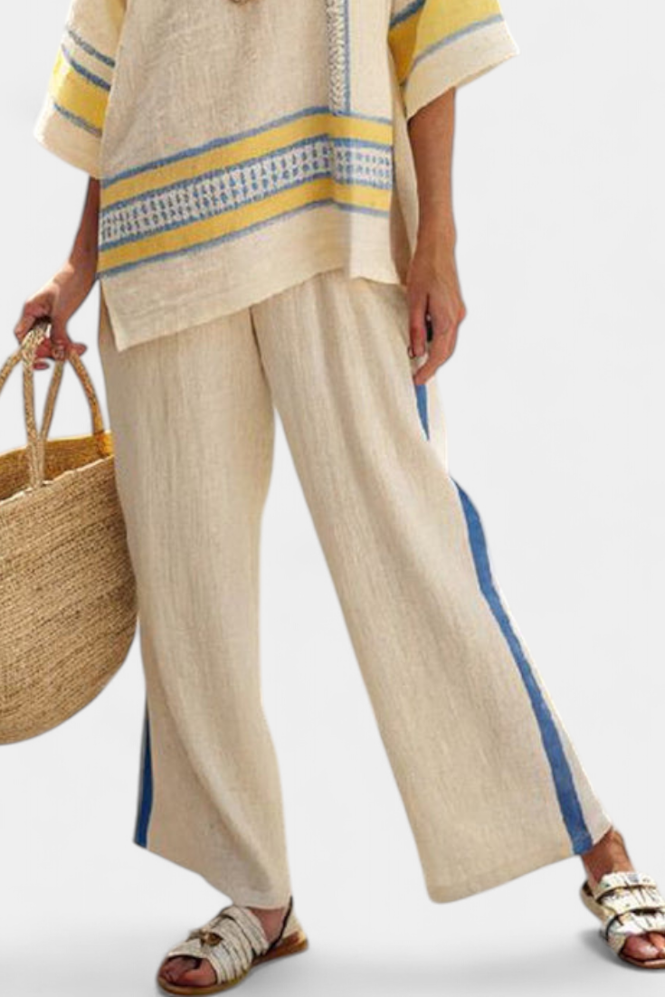 Jaxmere | Haut méditerranéen confortable bleu et jaune et pantalon en lin