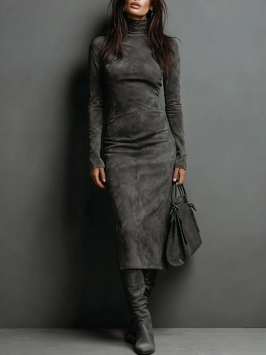 Robine| Vestido midi de ante con mangas largas