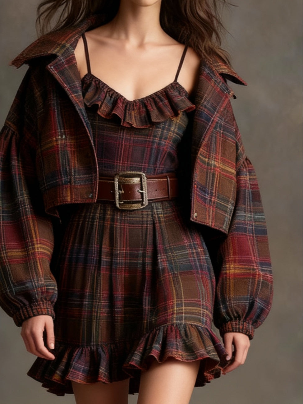 Conjunto de Vestido Mini Vintage a Cuadros con Volantes Lila