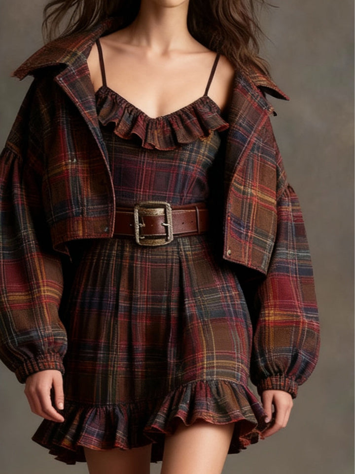 Conjunto de Vestido Mini Vintage a Cuadros con Volantes Lila
