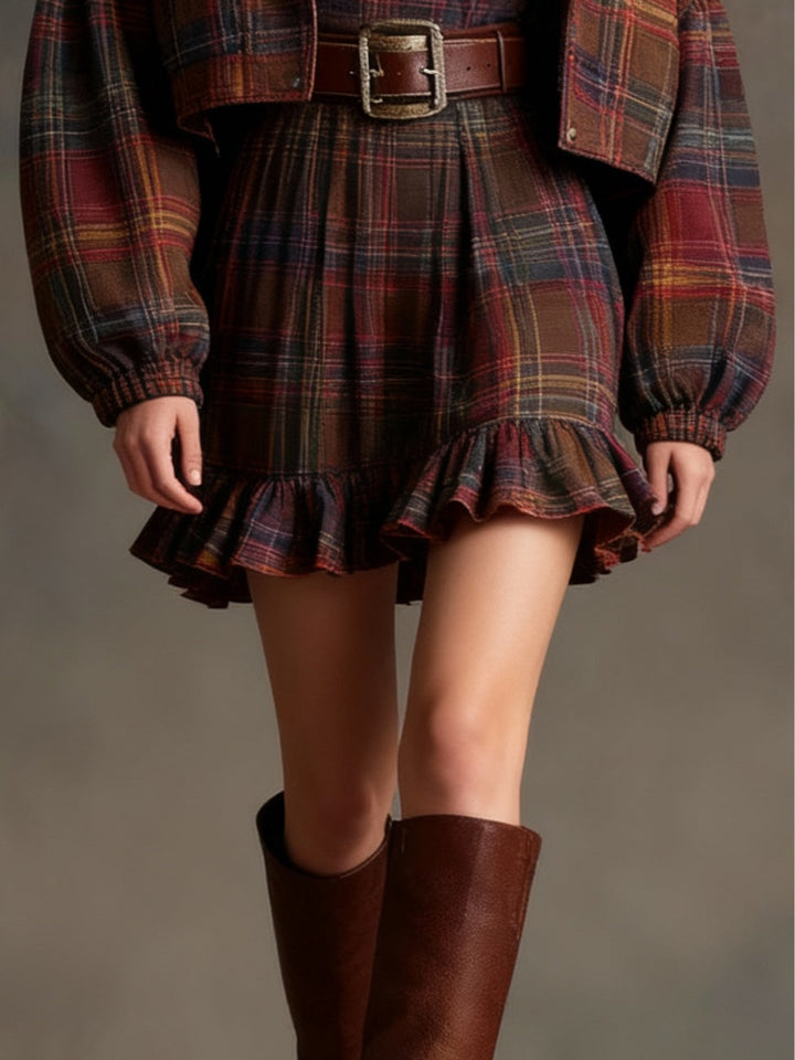 Conjunto de Vestido Mini Vintage a Cuadros con Volantes Lila