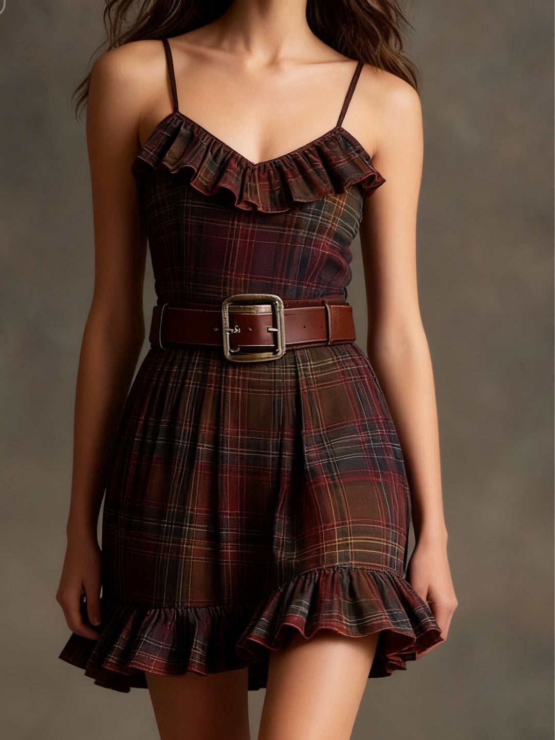 Conjunto de Vestido Mini Vintage a Cuadros con Volantes Lila