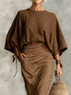 Conjunto Lila de blusa com mangas morcego e saia longa