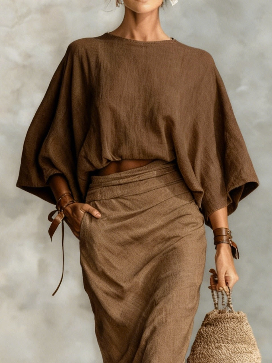 Conjunto Lila de blusa com mangas morcego e saia longa