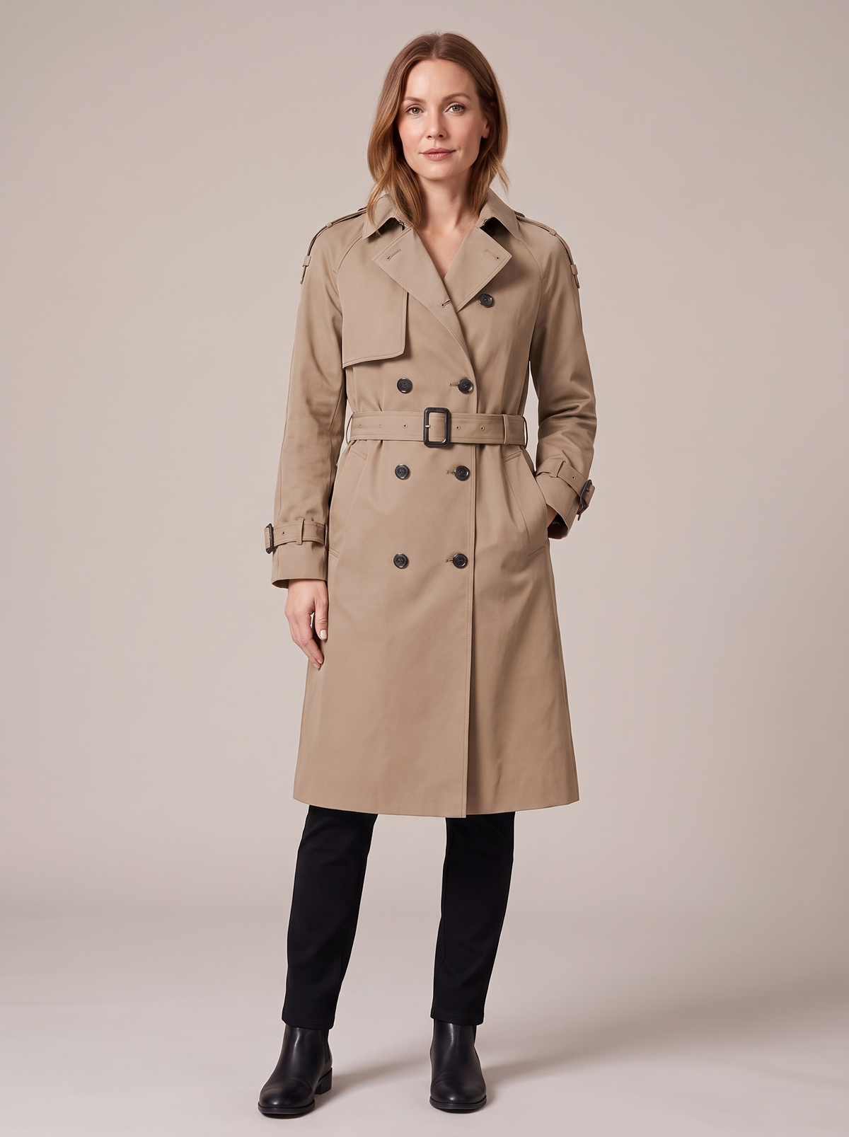 Women's long double-breasted belted trench coat in khaki