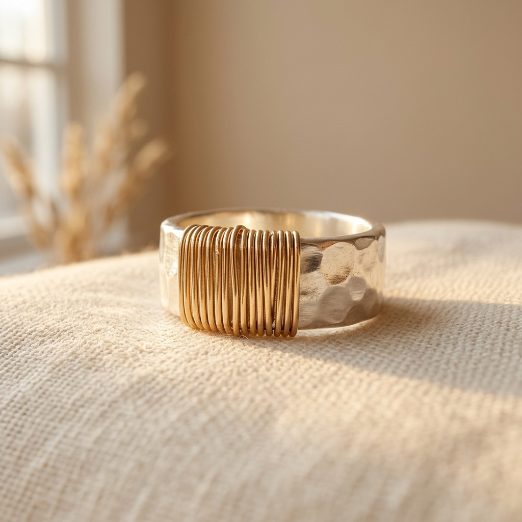 Hammered Silver & Gold Wire Artisan Statement Ring