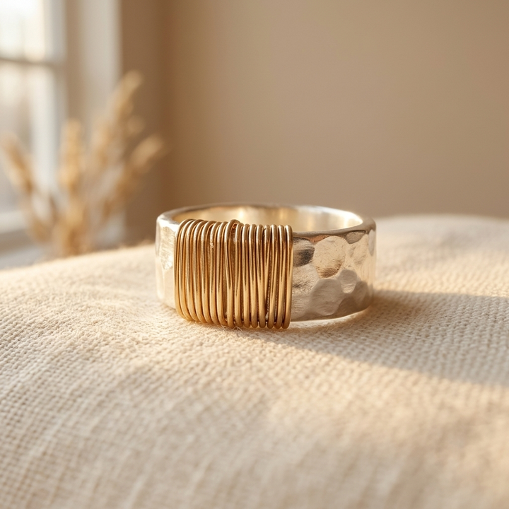 Hammered Silver & Gold Wire Artisan Statement Ring
