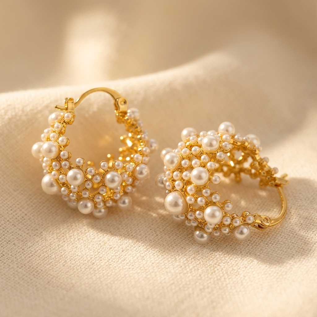Brincos de argola vintage com conjunto de pérolas