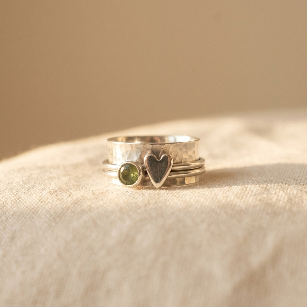 Vintage Heart & Green Stone Silver Artisan Ring