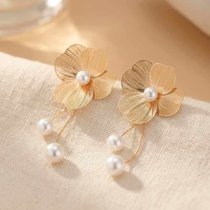 Pendientes colgantes vintage de flor dorada con perla  
