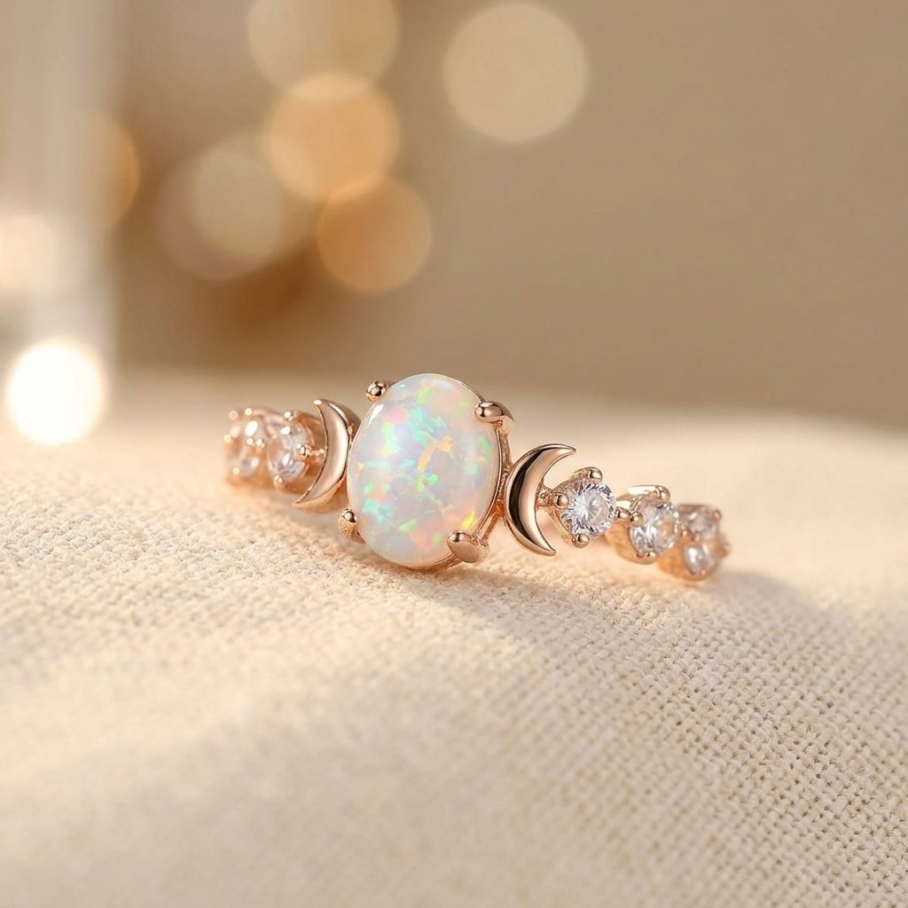 Elegant Rainbow White Fire Opal Small Moon Gold Plated Rings