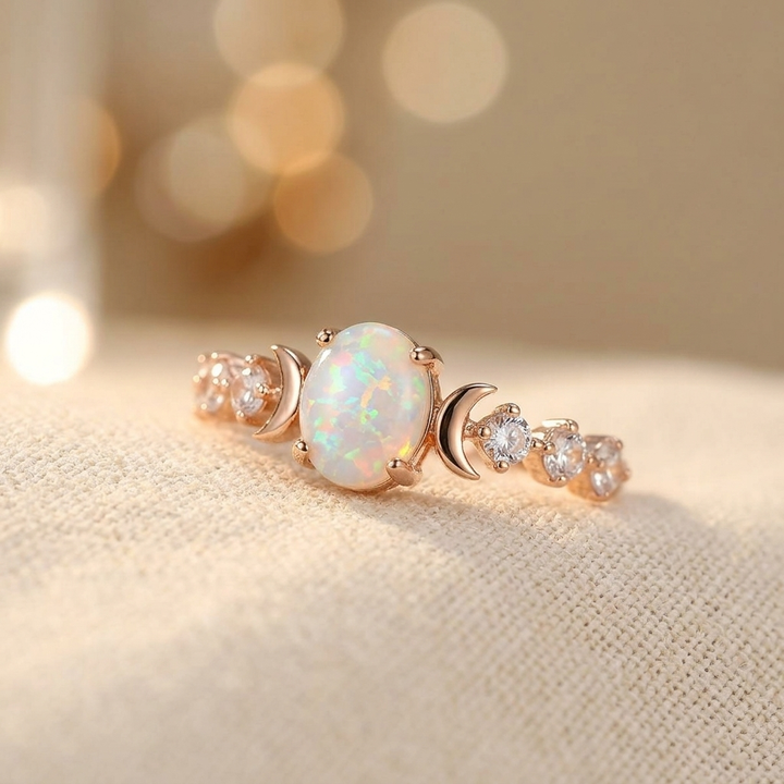 Elegant Rainbow White Fire Opal Small Moon Gold Plated Rings