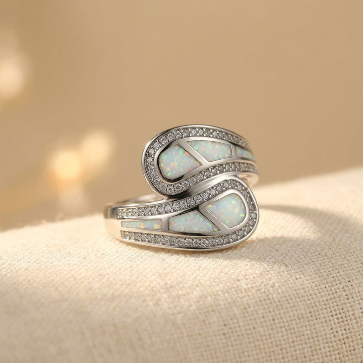 Vintage Bohemian White Opal Stone Silver Plated Ring