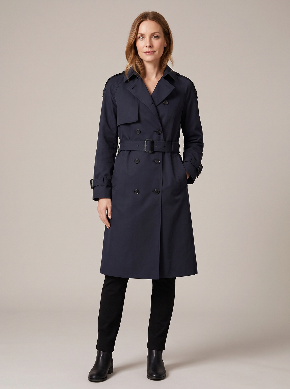 Women's long double-breasted belted trench coat in navy