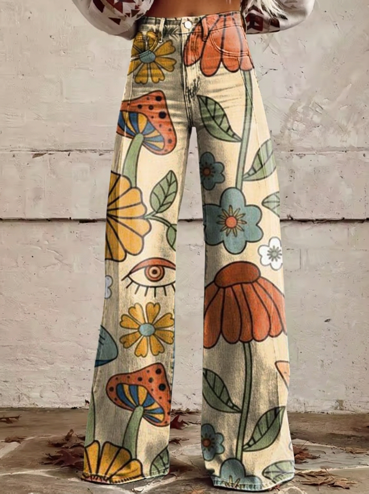 Chloe - Jeans Retro Florales de Pierna Ancha