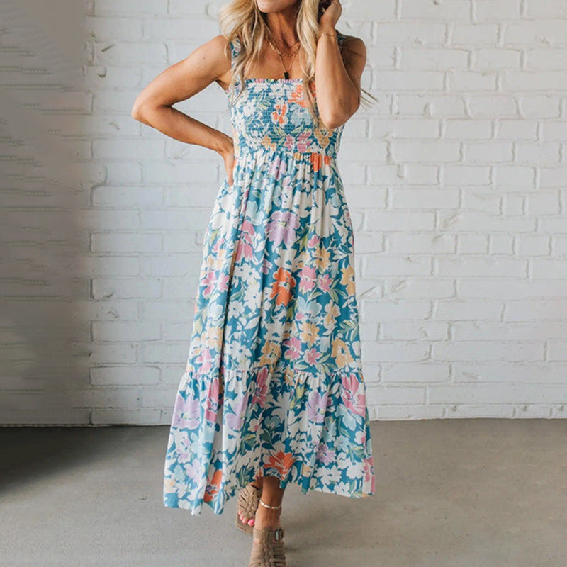 Floral Maxi Dress Smocked Bodice Adjustable Straps