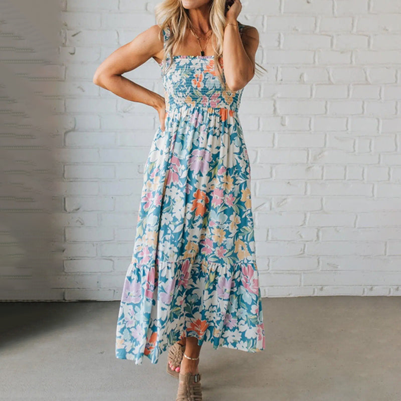 Vestido longo floral com corpete franzido e alças ajustáveis
