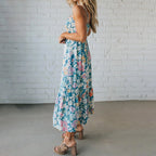 Vestido longo floral com corpete franzido e alças ajustáveis